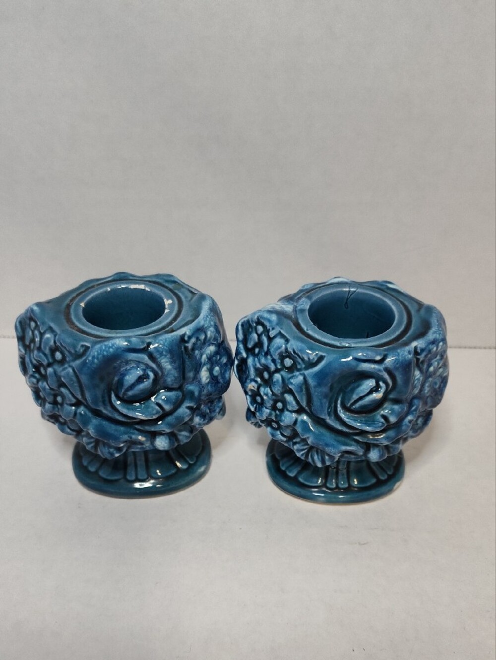 1960's MCM Blue Ceramic Floral Candle Holders - Pair